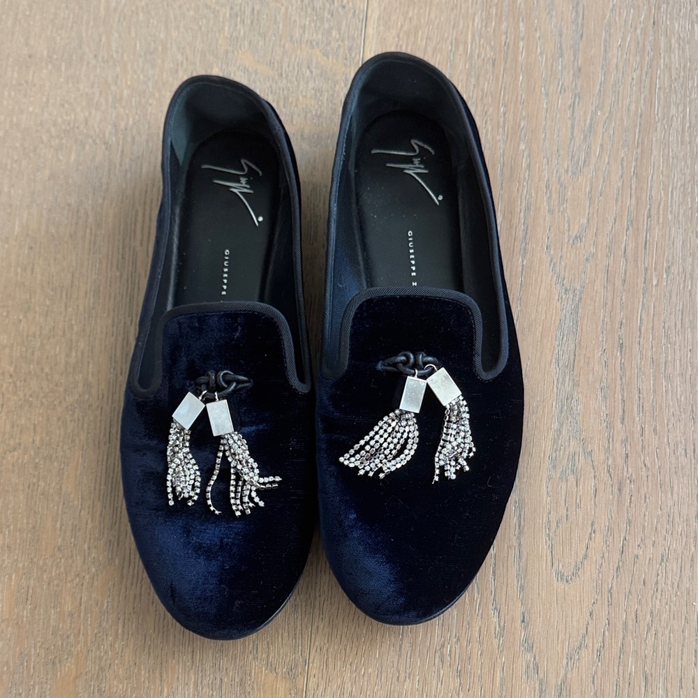 Giuseppe Zanotti Dark Blue Velvet Loafers with Tassels